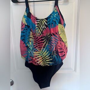 L.L. Bean Colorful Leaf Print One Piece Swimsuit